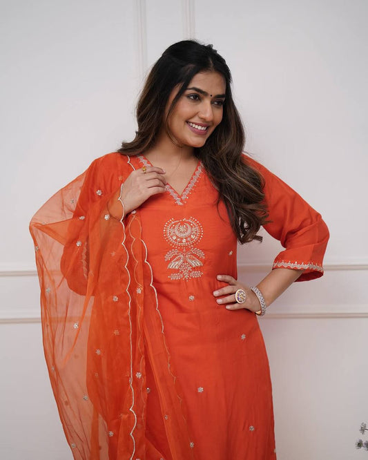 Title – Orange Kurta Set with Organza Dupatta