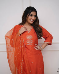 Title – Orange Kurta Set with Organza Dupatta