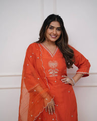 Title – Orange Kurta Set with Organza Dupatta