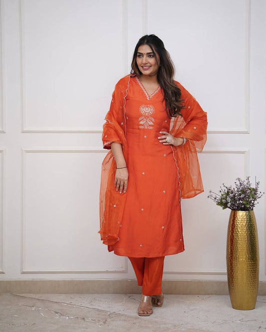 Title – Orange Kurta Set with Organza Dupatta