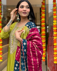Lime Green Kurta Set with Bandhani Patchwork Dupatta