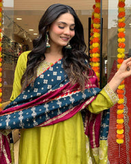 Lime Green Kurta Set with Bandhani Patchwork Dupatta