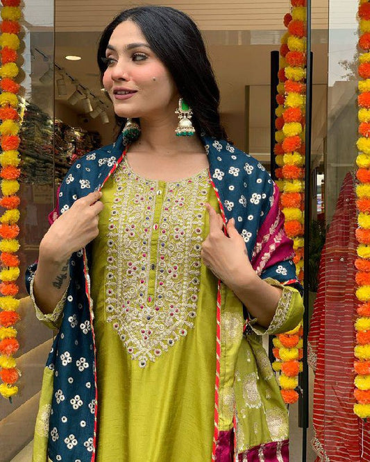 Lime Green Kurta Set with Bandhani Patchwork Dupatta