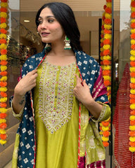 Lime Green Kurta Set with Bandhani Patchwork Dupatta