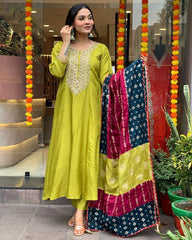 Lime Green Kurta Set with Bandhani Patchwork Dupatta