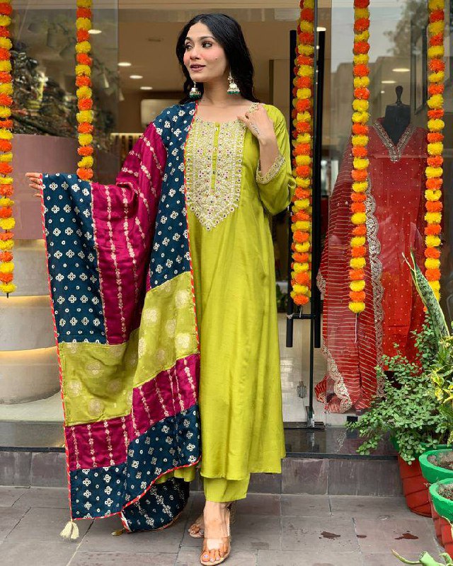 Lime Green Kurta Set with Bandhani Patchwork Dupatta