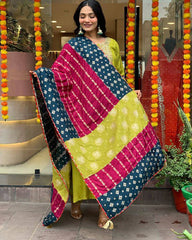Lime Green Kurta Set with Bandhani Patchwork Dupatta