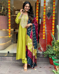 Lime Green Kurta Set with Bandhani Patchwork Dupatta