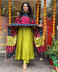 Lime Green Kurta Set with Bandhani Patchwork Dupatta
