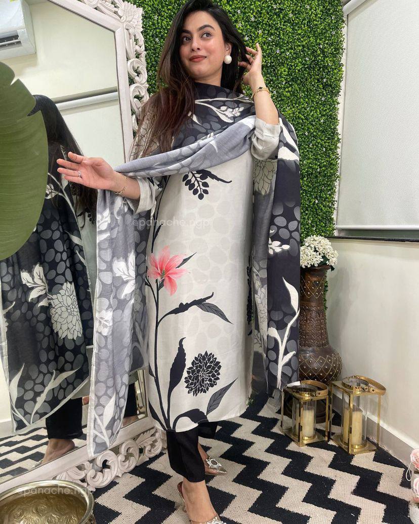 White Printed Kurta Set with Dupatta