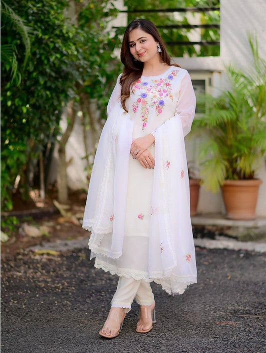 White Floral Embroidered Kurta Set with Dupatta