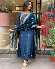 Navy Blue Silk Kurta Set with Banarasi Dupatta