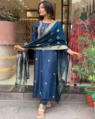 Navy Blue Silk Kurta Set with Banarasi Dupatta