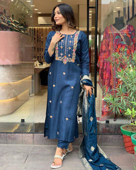 Navy Blue Silk Kurta Set with Banarasi Dupatta