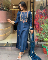 Navy Blue Silk Kurta Set with Banarasi Dupatta