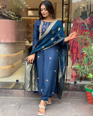 Navy Blue Silk Kurta Set with Banarasi Dupatta