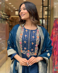 Navy Blue Silk Kurta Set with Banarasi Dupatta