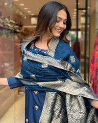 Navy Blue Silk Kurta Set with Banarasi Dupatta
