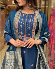 Navy Blue Silk Kurta Set with Banarasi Dupatta