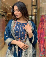 Navy Blue Silk Kurta Set with Banarasi Dupatta