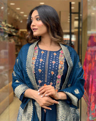 Navy Blue Silk Kurta Set with Banarasi Dupatta