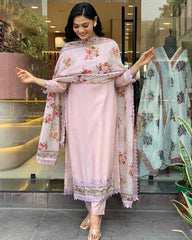 Light Pink Floral Kurta Set with Printed Dupatta