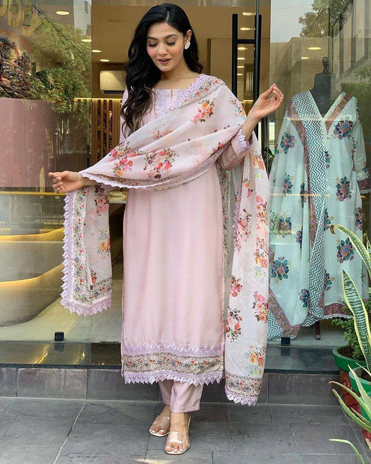 Light Pink Floral Kurta Set with Printed Dupatta