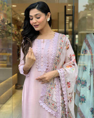 Light Pink Floral Kurta Set with Printed Dupatta