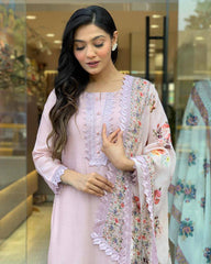 Light Pink Floral Kurta Set with Printed Dupatta