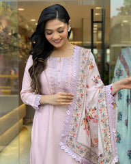 Light Pink Floral Kurta Set with Printed Dupatta