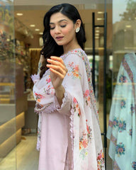 Light Pink Floral Kurta Set with Printed Dupatta