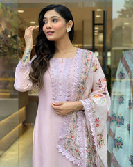 Light Pink Floral Kurta Set with Printed Dupatta