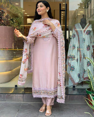 Light Pink Floral Kurta Set with Printed Dupatta