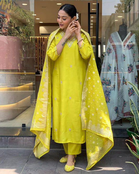 Lime Yellow Kurta Set with Embroidered Dupatta