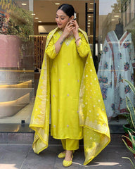 Lime Yellow Kurta Set with Embroidered Dupatta