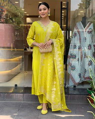 Lime Yellow Kurta Set with Embroidered Dupatta