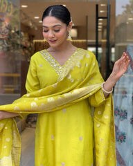 Lime Yellow Kurta Set with Embroidered Dupatta