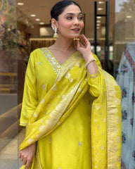 Lime Yellow Kurta Set with Embroidered Dupatta