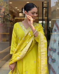 Lime Yellow Kurta Set with Embroidered Dupatta