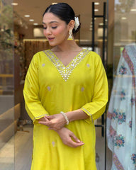 Lime Yellow Kurta Set with Embroidered Dupatta