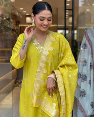 Lime Yellow Kurta Set with Embroidered Dupatta