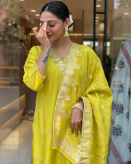 Lime Yellow Kurta Set with Embroidered Dupatta