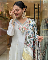 Ivory Kurta Set with Multicolor Printed Dupatta