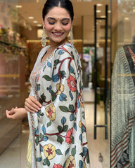 Ivory Kurta Set with Multicolor Printed Dupatta