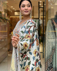 Ivory Kurta Set with Multicolor Printed Dupatta