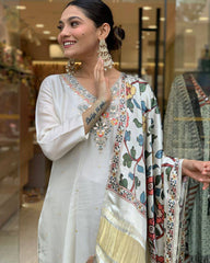 Ivory Kurta Set with Multicolor Printed Dupatta