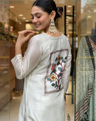 Ivory Kurta Set with Multicolor Printed Dupatta