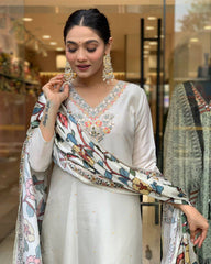 Ivory Kurta Set with Multicolor Printed Dupatta