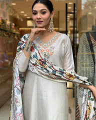 Ivory Kurta Set with Multicolor Printed Dupatta