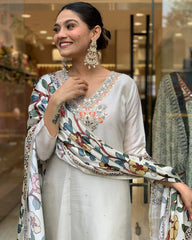 Ivory Kurta Set with Multicolor Printed Dupatta